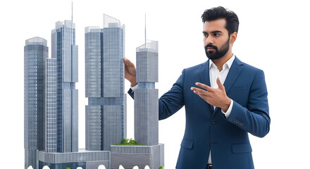 Man in suit presenting architectural model of modern skyscrapers with hand gesture on a black background on transparent background
