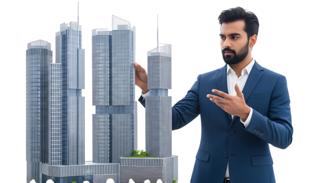 Man in suit presenting architectural model of modern skyscrapers with hand gesture on a black background on transparent background