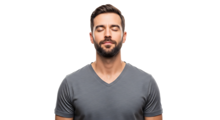 A portrait of a man with a beard and closed eyes wearing a gray shirt against a black background looking calm on transparent background