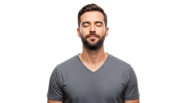 A portrait of a man with a beard and closed eyes wearing a gray shirt against a black background looking calm on transparent background