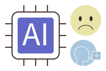 Microchip with AI label, sad face icon, and profile view with voice analysis wave. Ideal for artificial intelligence, emotion detection, voice technology, machine learning, innovation, tech ethics