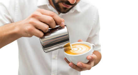 A barista pouring milk into a cup of coffee creating latte art in a white shirt with a beard visible on transparent background
