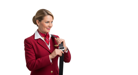 A smiling flight attendant in red uniform demonstrating seatbelt safety on a black isolated background on transparent background
