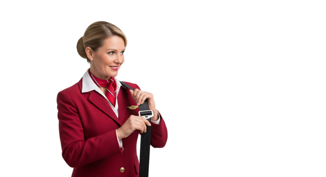 A smiling flight attendant in red uniform demonstrating seatbelt safety on a black isolated background on transparent background
