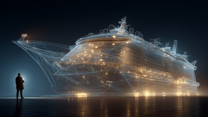 Exploring the intricate wireframe model of a cruise ship at night