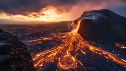 Volcano Eruption Sunset: Dramatic Landscape with Fiery Lava Flow
