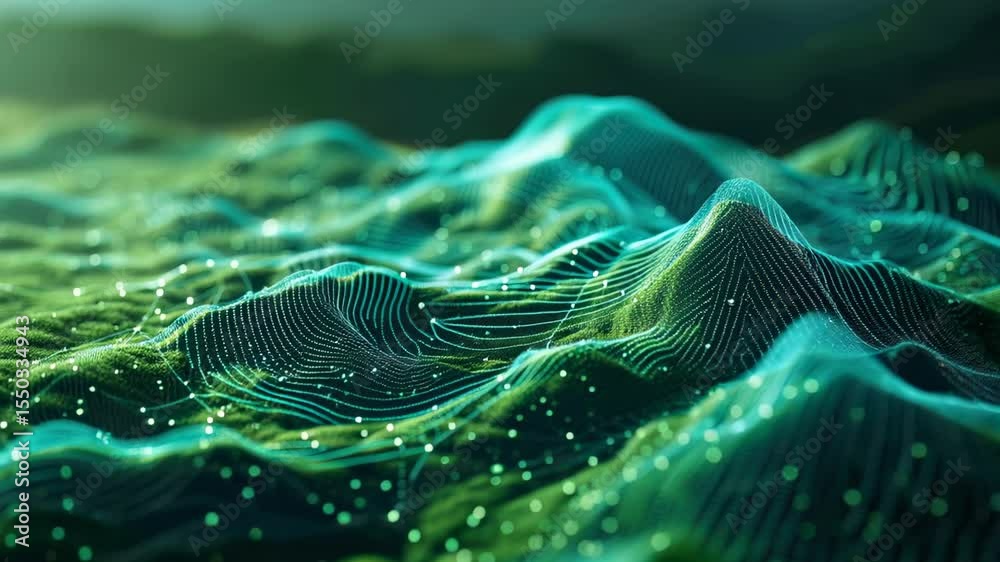Wall mural cyber data in green digital space, network surface abstract landscape with secure technology waves. 
