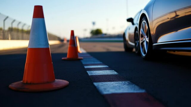 Driving course setup with traffic cones and car for safe driver training and skill enhancement on a sunlit track environment.