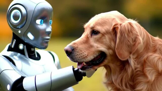Rob&ocirc; acariciando um cachorro. 