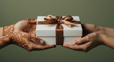 A white gift box with a brown ribbon is held in two hands, one with henna.
