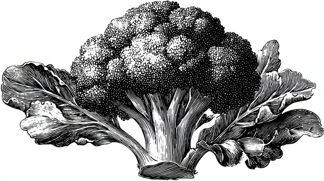Detailed black and white illustration of a head of broccoli
