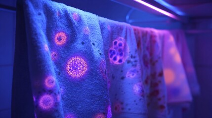 Bathroom towel germs visualized through bacteria and mold growth under UV exposure hygiene issue awareness 
