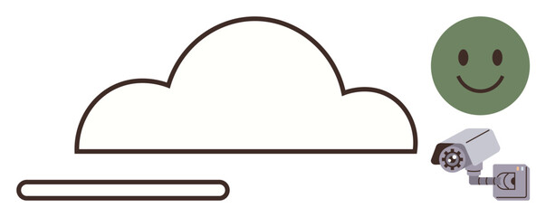 Cloud with progress bar, surveillance camera, and happy face representing data upload, security, and positive feedback. Ideal for technology, cloud computing, cybersecurity, user experience digital