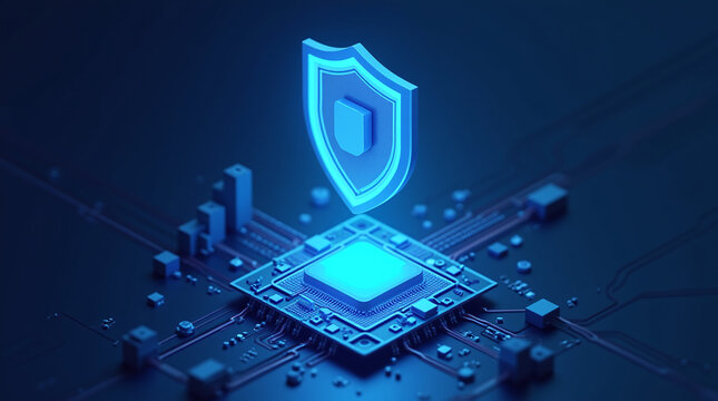 futuristic digital shield hovering above a glowing motherboard, cyber defense, 3D isometric render, blue neon, security concept - Powered by Adobe