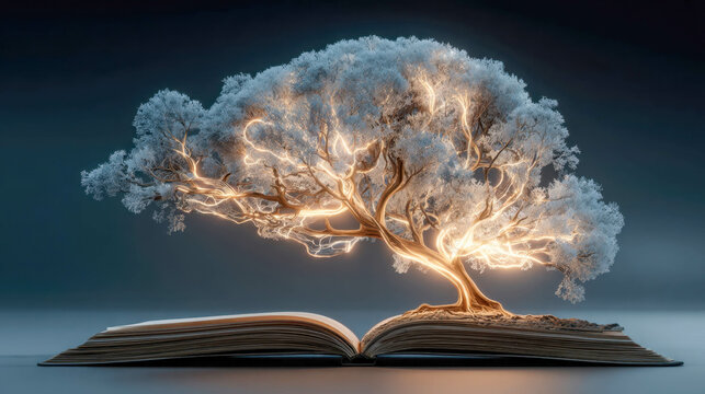 A luminous white tree resembling a neural network emerges from the pages of an open book, symbolizing knowledge and imagination
