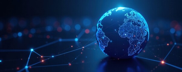 Interconnected blue globe, lines representing data flow, earth, technology, points