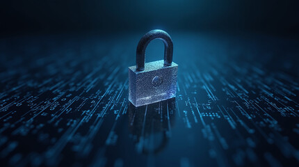 glowing padlock floating above binary code stream, tech protection, cyber encryption concept, deep shadows, blue highlights