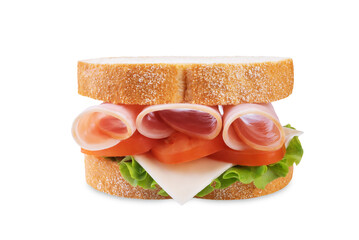 Sandwich with ham, cheese and lettuce on white isolated background