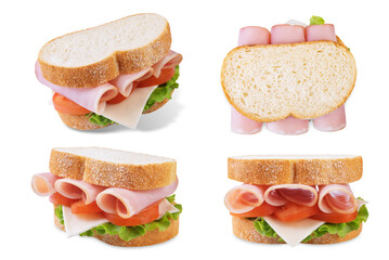 Sandwich with ham, cheese and lettuce on white isolated background