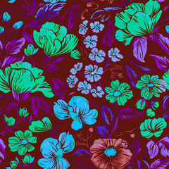 Seamless pattern of flowers with pink blue and orange background.	
