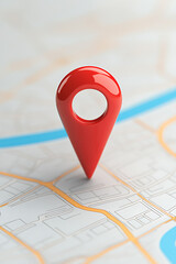 Fototapeta premium Red pinpoint marker on a map indicating a destination point. Navigation tool for business, travel and location information.