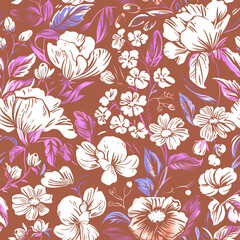 Seamless pattern of flowers with pink blue and orange background.	