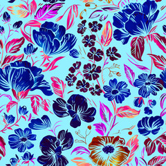 Seamless pattern of flowers with pink blue and orange background.	