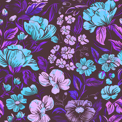 Seamless pattern of flowers with pink blue and orange background.	