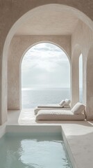 Fototapeta premium Modern Spa Relaxation: Luxury Retreat with Indoor Pool and Ocean View