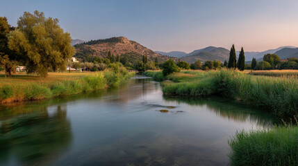 serene summer evening by fresh springs in montenegro surrounded by lush greenery and soft sunlight