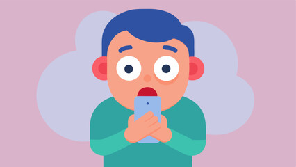 Obraz premium Character with Sweaty Palms A cartoon character with wide eyes and a slightly flushed face is standing with one hand nervously gripping their smartphone. The other hand is raised