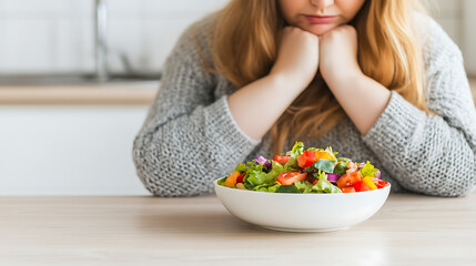 Woman staring at salad with melancholy. Dieting disappointment, healthy food dilemma, or simply a craving for something else, she seems unenthusiastic about eating salad.