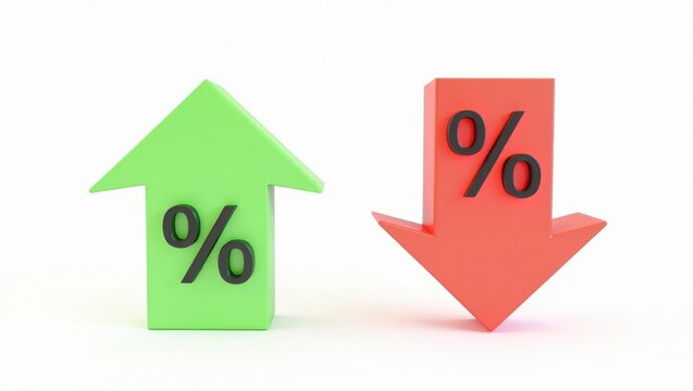 Bold arrows with percentage symbols representing increase and decrease on a clean white background