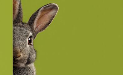 Curious grey rabbit peeking from behind a green wall. 