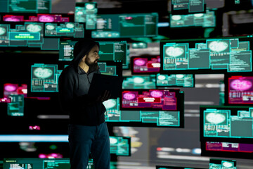 Professional spy compromising cyber security through malware and viruses, digital threat of hacking...