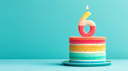 Colorful rainbow birthday cake with number six candle on turquoise background.