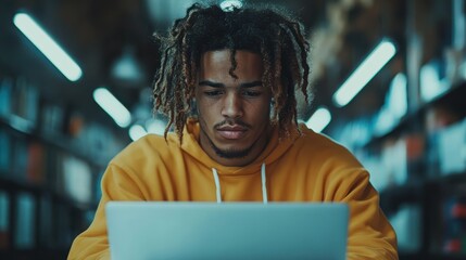 A dedicated student immersed in their studies at a library, highlighting themes of focus, education, and the pursuit of knowledge within a modern and inspiring environment.