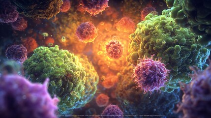 Germ invasion concept art showing microorganisms infiltrating healthy cells colorful science illustration with dramatic lighting 