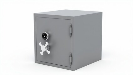 3drendered metallic safe with combination lock and threespoke handle against white background