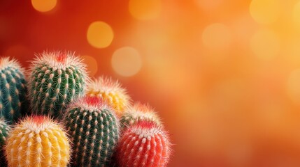 This image features a cluster of vibrant cacti with colorful spines, beautifully lit by sunlight, standing out against an abstract blurry orange background for a striking appeal.