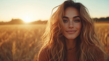 Fototapeta premium A radiant woman with flowing hair smiles warmly amidst a golden wheat field, embodying beauty, serenity, and connection with nature under the glowing sunset sky.