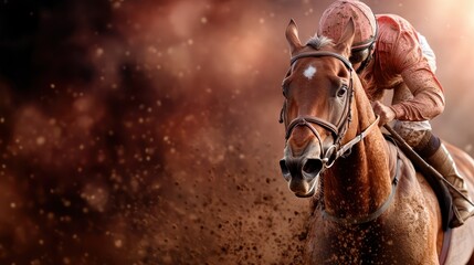 A thrilling image capturing a vibrant racehorse and jockeПr speeding through a smoky track, illustrating the intense adrenaline of horse racing with dynamic movement.