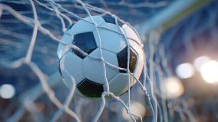 Close-up view of a soccer ball hitting the back of the net during a game. Shows the impact and moment of scoring in sports.