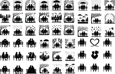 Couple Bench Pose Silhouettes – Dating, Relaxing, and Love Icons Romantic Couple Sitting on Bench Silhouette Icon Set – Love Vector Design