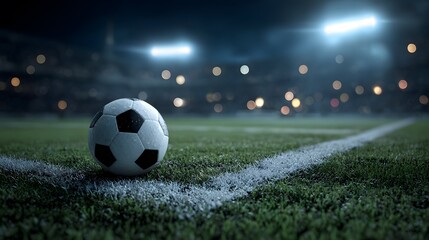 Fototapeta premium A soccer ball sits on the corner of a vibrant green pitch, ready for play under the bright stadium lights and a dark, clouded sky.
