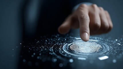 Fingerprint scan with luminous effect, showing futuristic access control, cyber security, and biometric identification technology.