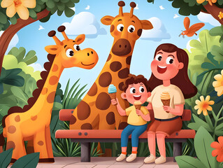 Naklejka premium Cheerful family enjoying ice cream with two friendly giraffes in lush, colorful park setting under bright sky