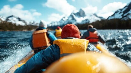 A dynamic scene of several kayakers paddling on a serene lake, framed by majestic mountains and bright skies, illustrating an adventurous spirit and connection with nature.