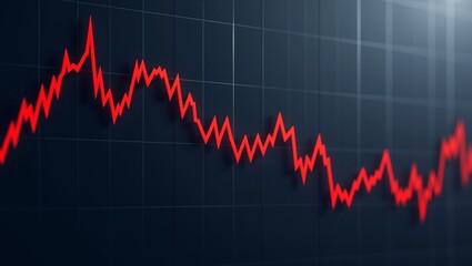 Highresolution digital illustration of a financial chart featuring a bold jagged red line graph on a dark gradient blue background with textured shadows and subtle grid pattern