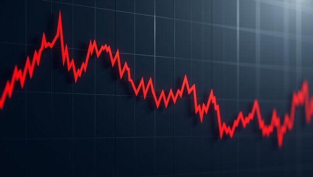 Highresolution digital illustration of a financial chart featuring a bold jagged red line graph on a dark gradient blue background with textured shadows and subtle grid pattern